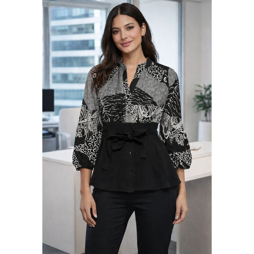 Signature by Larry Levine Black White Mixed‎ Print Belted Peplum Blouse 1X